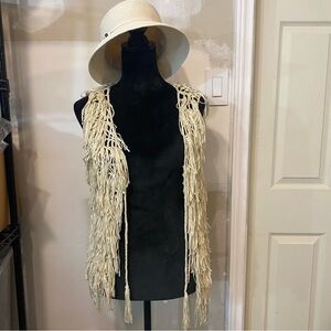 Origami Cream Fringe Vest Women Medium Large Boho Tassels